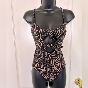 Beach Riot Animal Graphic Zebra Print Swimsuit One Piece Tie Front Small
